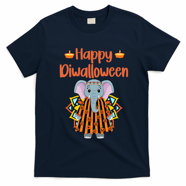 Happy Diwalloween Halloween Diwali Pumpkin Lantern Deepaval T-Shirt - Navy Blue