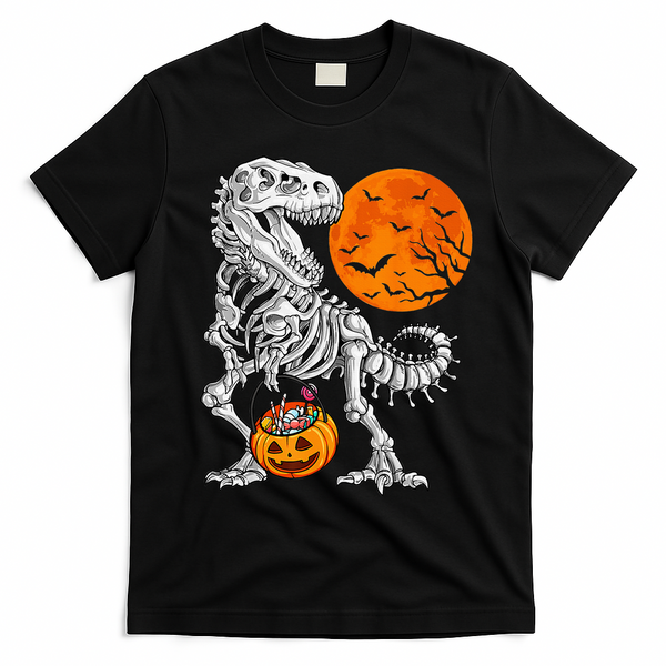 Halloween Dinosaur Skeleton T rex Scary Pumpkin Moon T-Shirt - Black