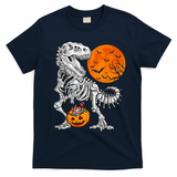 Halloween Dinosaur Skeleton T rex Scary Pumpkin Moon T-Shirt - Navy Blue
