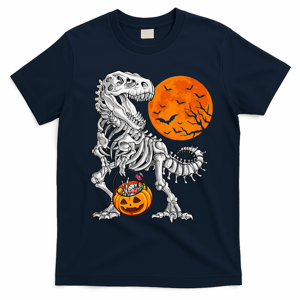 Halloween Dinosaur Skeleton T rex Scary Pumpkin Moon T-Shirt - Navy Blue