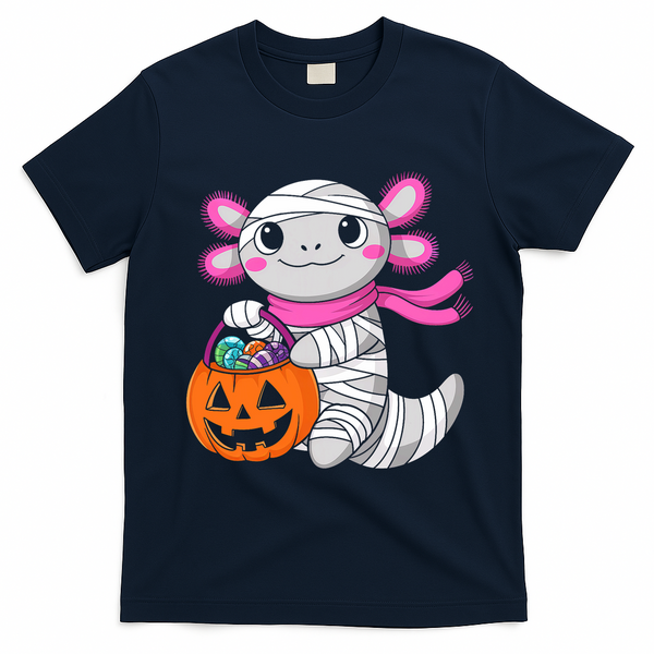 Halloween For   Pumpkin Axolotl Mummy T-Shirt - Navy Blue
