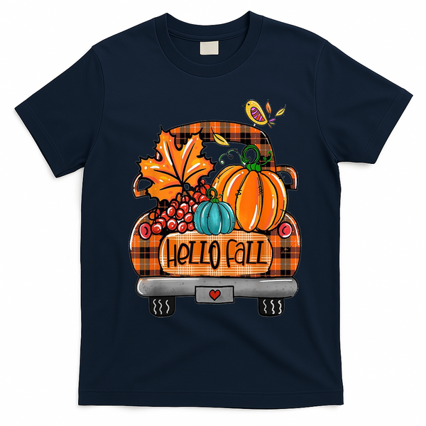 Hello Fall Pumpkin Truck Cute T-Shirt - Navy Blue