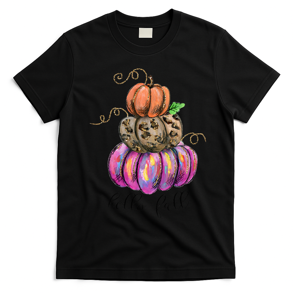 Hello Fall Watercolor Pumpkin Colorful Pumpkin Thanksgiving T-Shirt - Black
