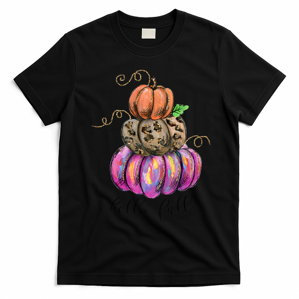Hello Fall Watercolor Pumpkin Colorful Pumpkin Thanksgiving T-Shirt - Black