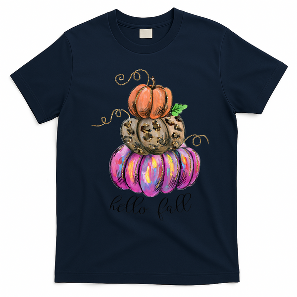 Hello Fall Watercolor Pumpkin Colorful Pumpkin Thanksgiving T-Shirt - Navy Blue