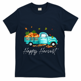 Happy Harvest Fall Season Pumpkin Truck Thanksgiving Vintage T-Shirt - Navy Blue