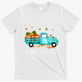 Happy Harvest Fall Season Pumpkin Truck Thanksgiving Vintage T-Shirt - White