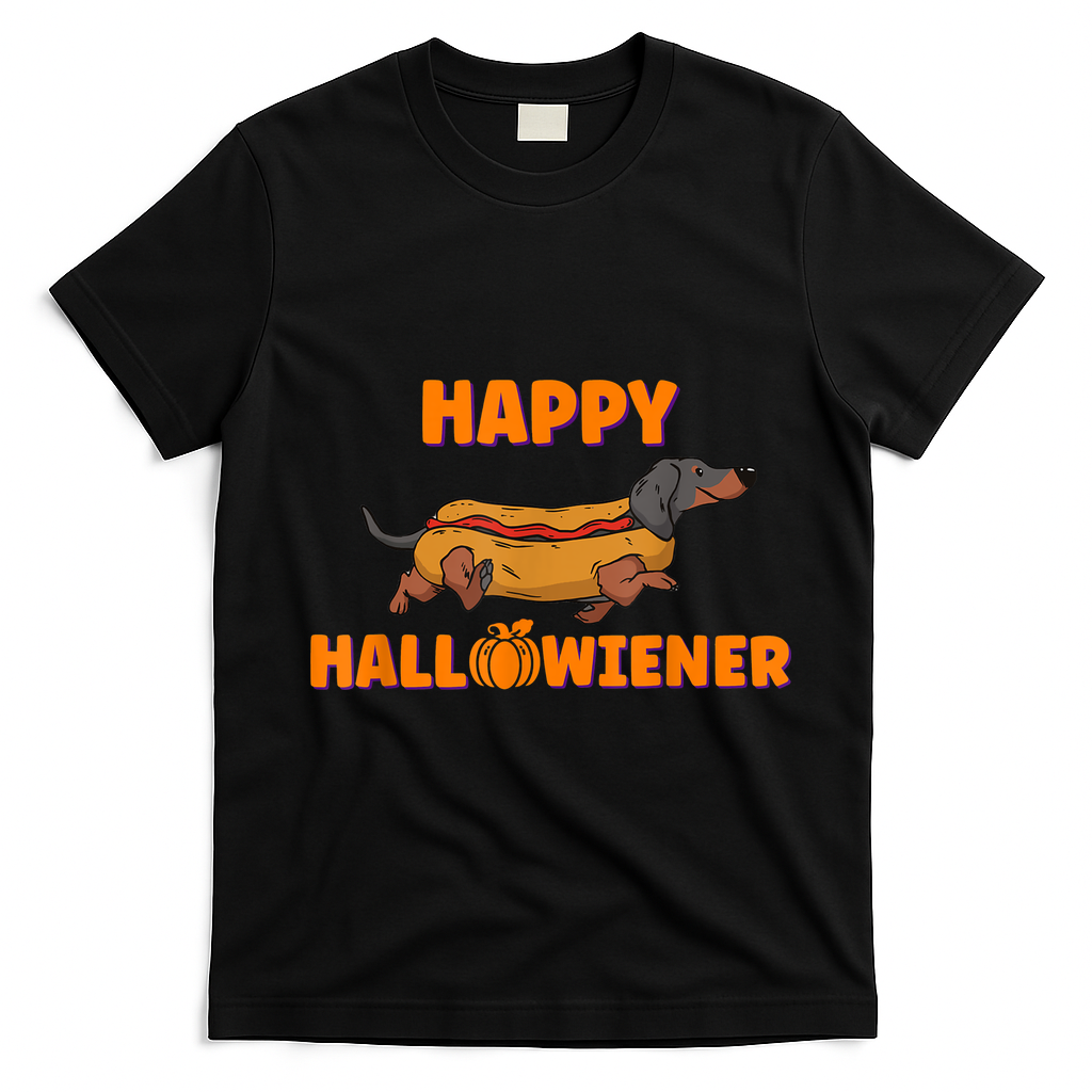 Happy Hallowiener Halloween Dachshund In Hot Dog Costume Tee T-Shirt - Black