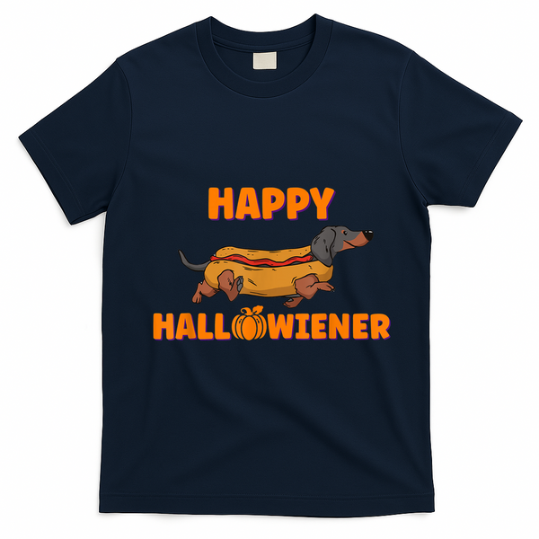 Happy Hallowiener Halloween Dachshund In Hot Dog Costume Tee T-Shirt - Navy Blue