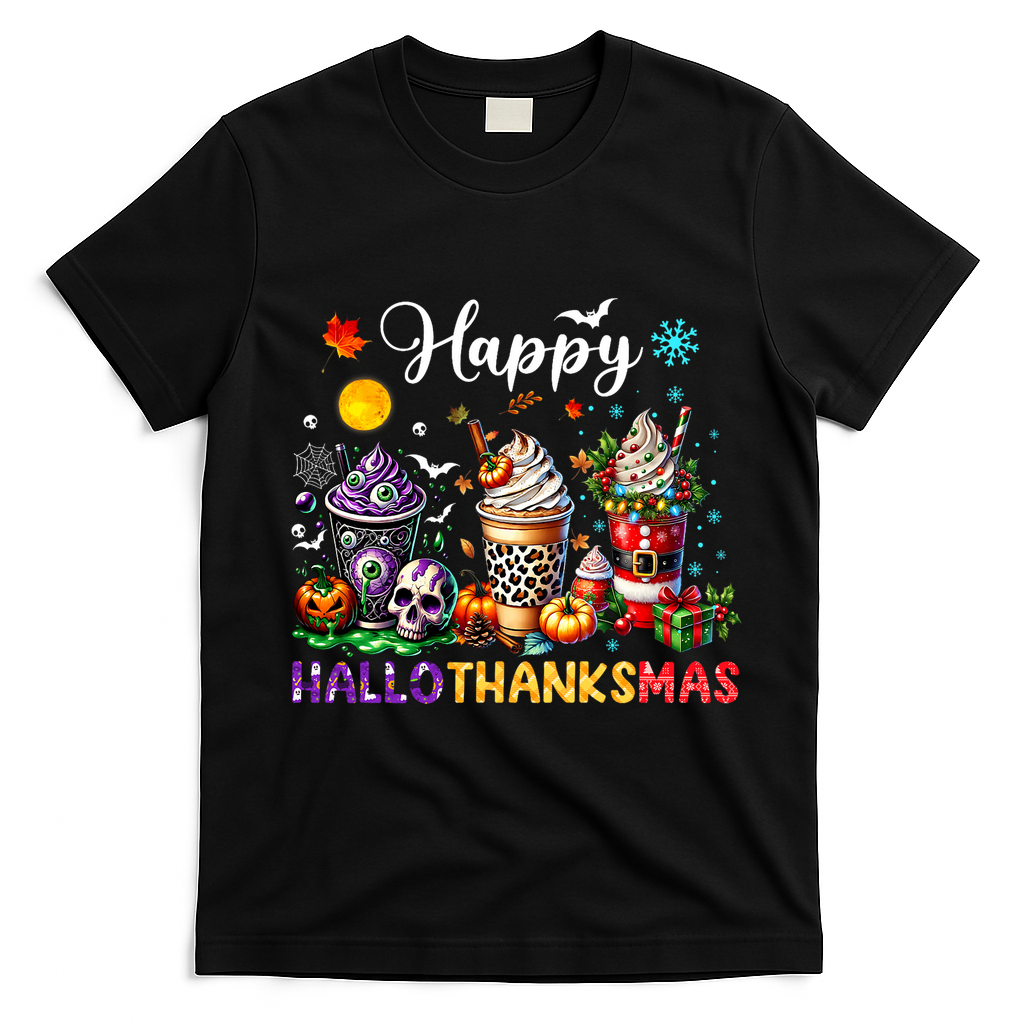Happy Hallothanksmas Halloween Coffee Latte Thanksgiving T-Shirt - Black