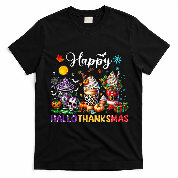 Happy Hallothanksmas Halloween Coffee Latte Thanksgiving T-Shirt - Black