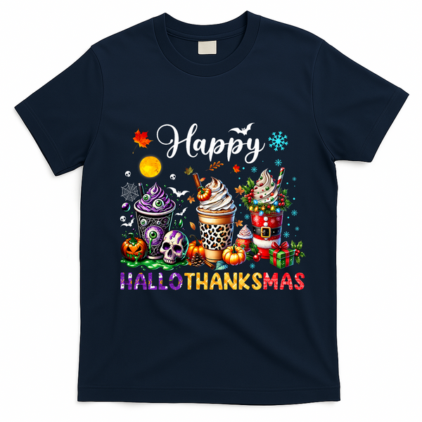 Happy Hallothanksmas Halloween Coffee Latte Thanksgiving T-Shirt - Navy Blue