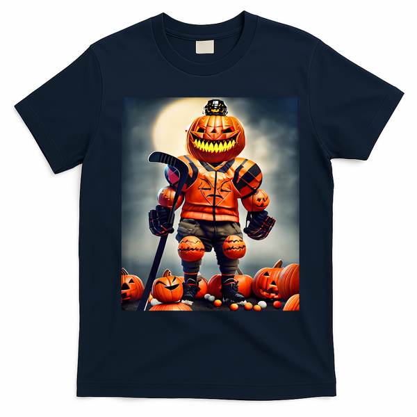 Halloween Hockey Season Pumpkin Player T-Shirt - Navy Blue