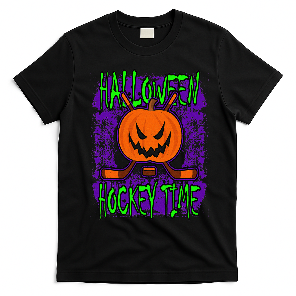 Halloween Hockey Time With Spooky Pumpkin And Hockey Sticks T-Shirt - Black