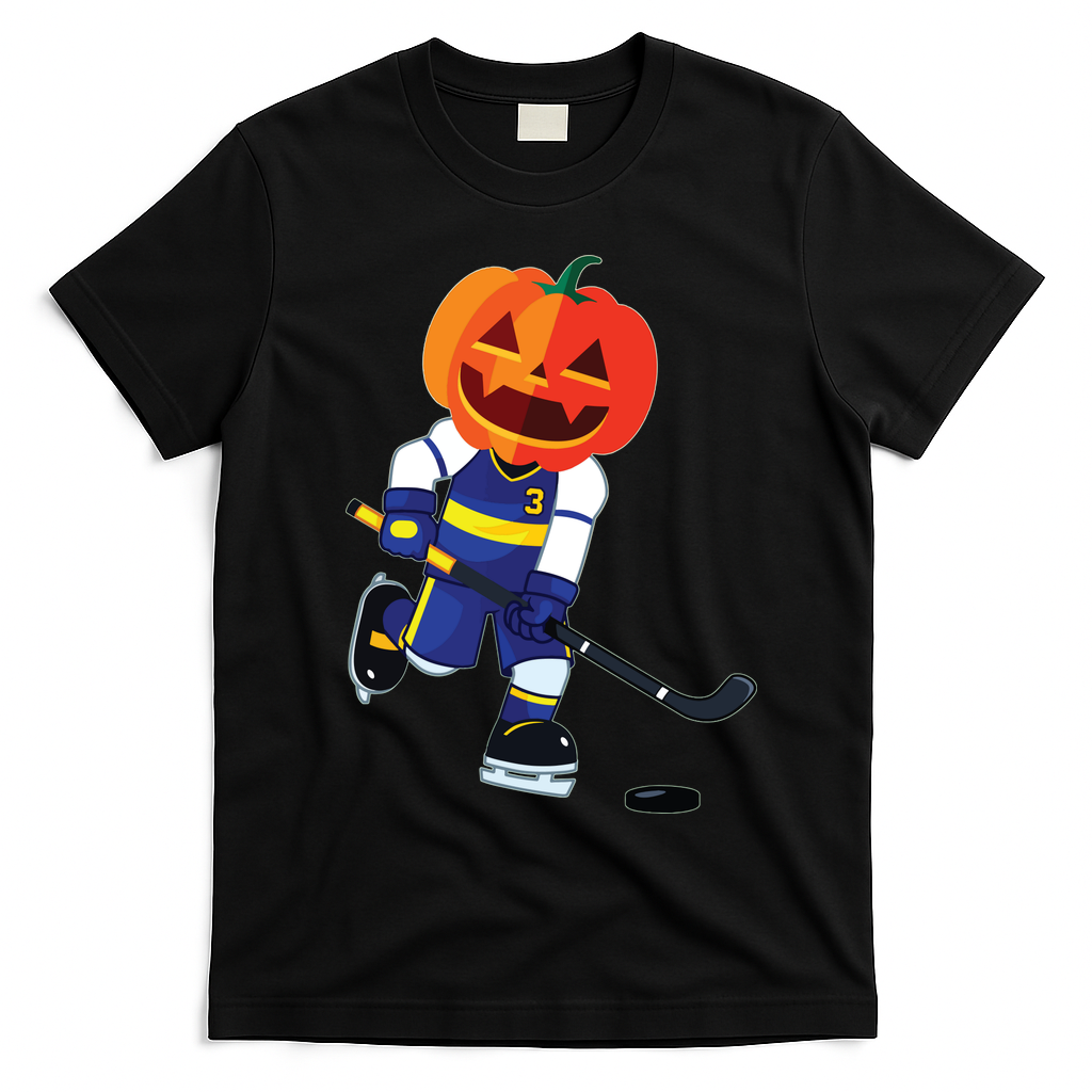 Halloween Ice Hockey Player Pumpkin Head Scary Gift T-Shirt - Black