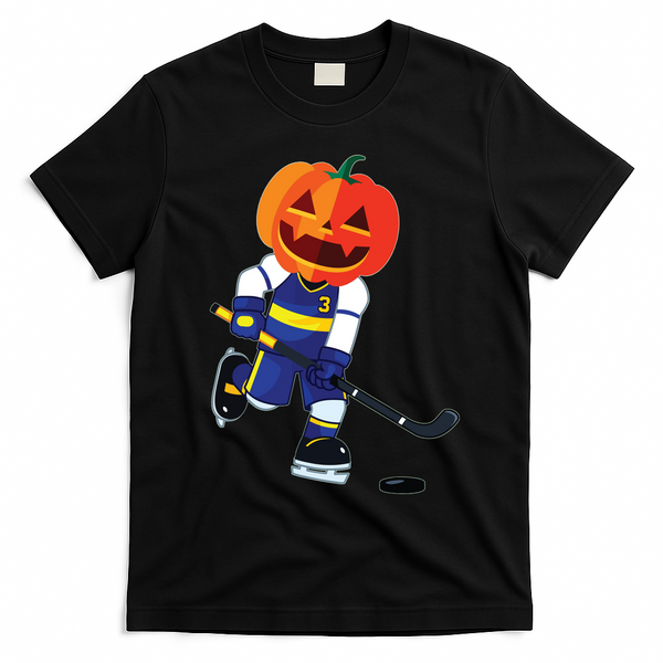 Halloween Ice Hockey Player Pumpkin Head Scary Gift T-Shirt - Black