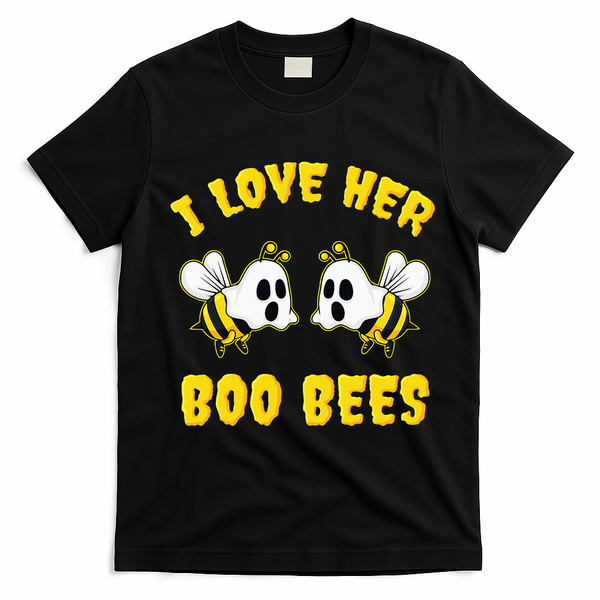 Halloween I Love Her Boo Bees Funny T-Shirt - Black