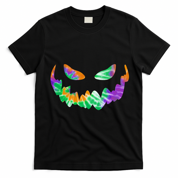 Halloween Pumpkin Green Orange Purple Tie Dye Face T-Shirt - Black