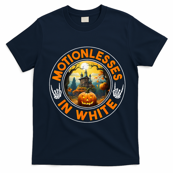 Halloween Pumpkin Scary Funny Motionlesses In White T-Shirt - Navy Blue