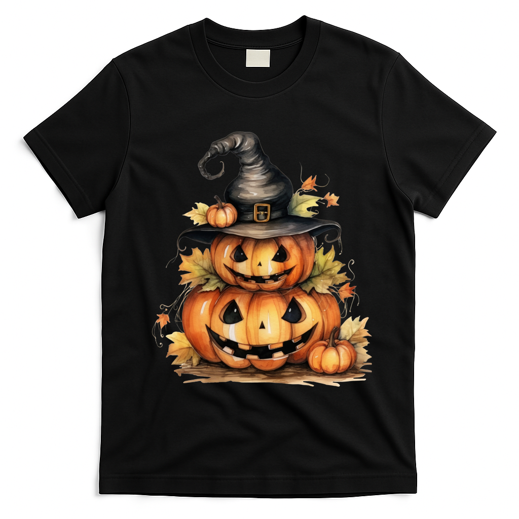 Halloween Pumpkin Witch Fall Autumn Illustration T-Shirt - Black