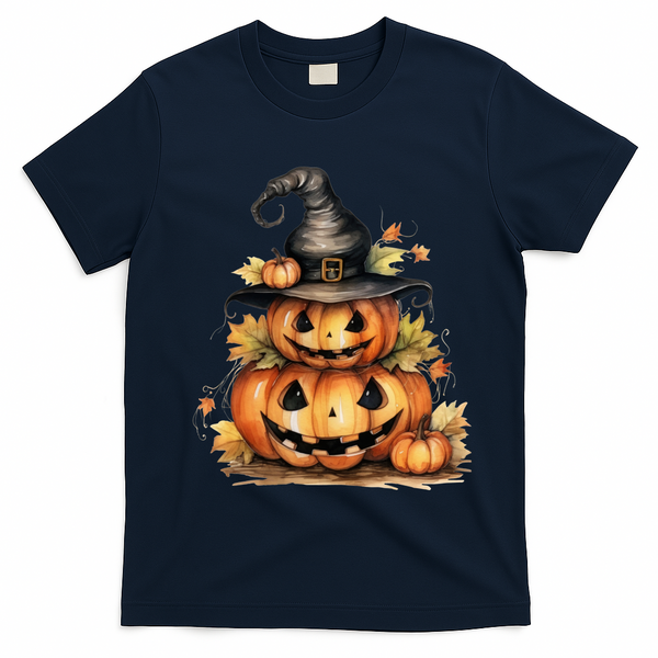Halloween Pumpkin Witch Fall Autumn Illustration T-Shirt - Navy Blue