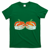 Halloween Skeleton Hand On Pumpkin Boob T-Shirt - Irish Green