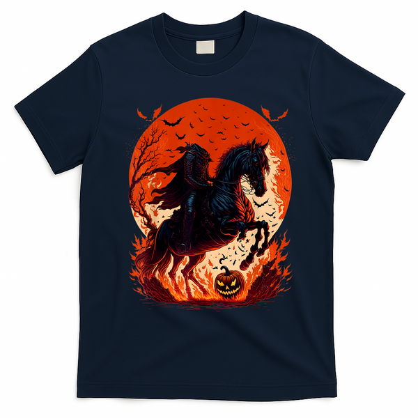 Halloween Scary Pumpkin Headless Horseman AI T-Shirt - Navy Blue