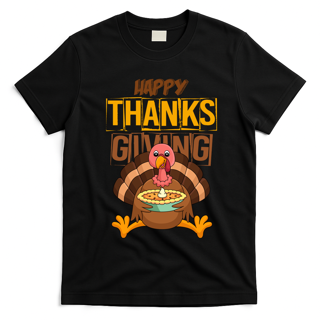 Happy Thanksgiving Turkey Pie Holiday T-Shirt - Black
