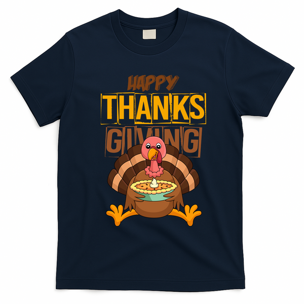 Happy Thanksgiving Turkey Pie Holiday T-Shirt - Navy Blue