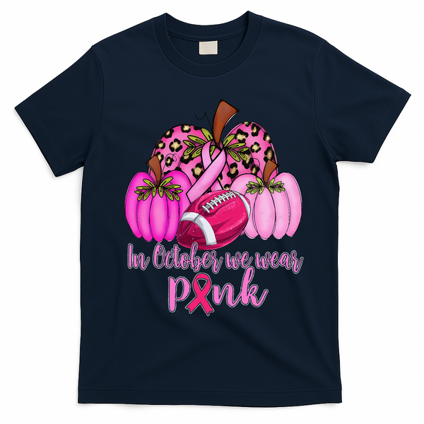 In October We Wear Pink Football Pumpkin Breast Cancer T-Shirt - Navy Blue