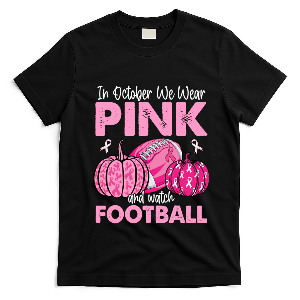 In October We Wear Football Breast Cancer Awareness Gift T-Shirt - Black