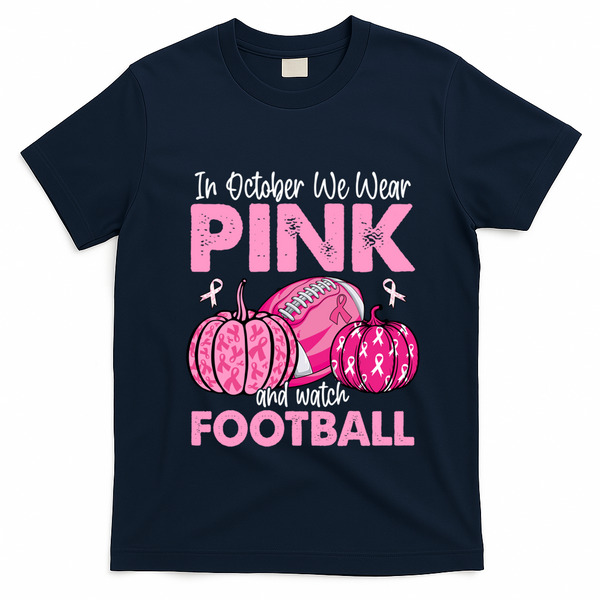 In October We Wear Football Breast Cancer Awareness Gift T-Shirt - Navy Blue