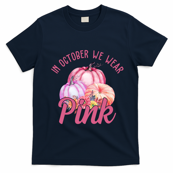 In October We Wear Pink Pumpkin Patch Breast Cancer T-Shirt - Navy Blue
