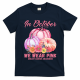 In October We Wear Pink Breast Cancer Awareness Pumpkin Patch T-Shirt - Navy Blue