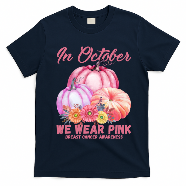 In October We Wear Pink Breast Cancer Awareness Pumpkin Patch T-Shirt - Navy Blue