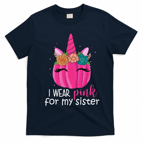 I Wear Pink For My Sister Breast Cancer Awareness Pumpkin Unicorn T-Shirt - Navy Blue