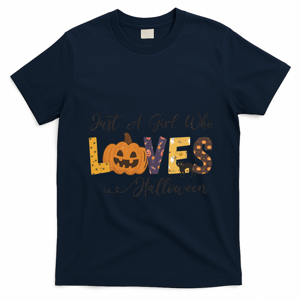 Just A Who Loves Halloween Pumpkin Ghost Black Cat Gift T-Shirt - Navy Blue