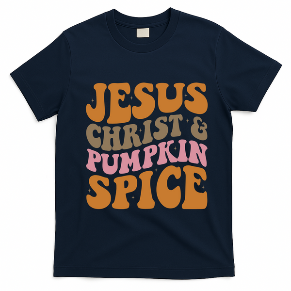 Jesus Christ And Pumpkin Spice Retro Groovy Christianity T-Shirt - Navy Blue