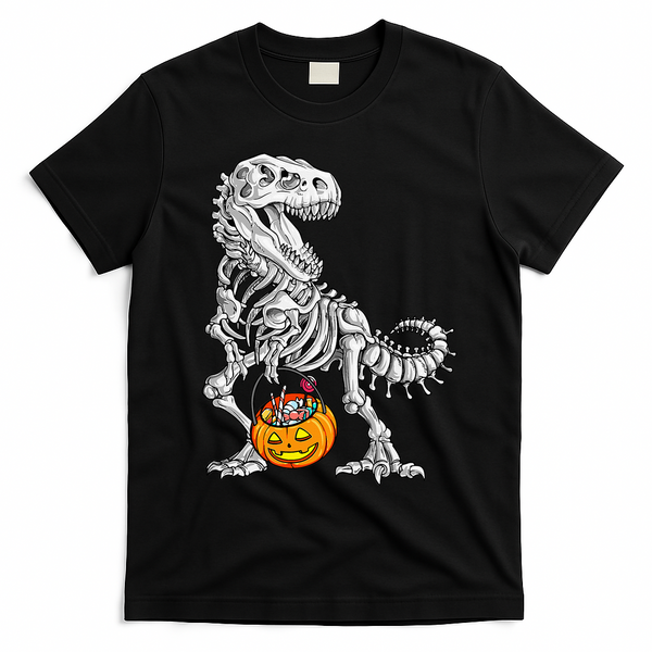 Kids Halloween Dinosaur Skeleton T Rex Funny Pumpkin T-Shirt - Black
