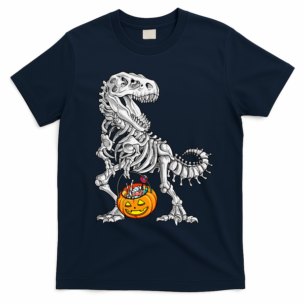 Kids Halloween Dinosaur Skeleton T Rex Funny Pumpkin T-Shirt - Navy Blue
