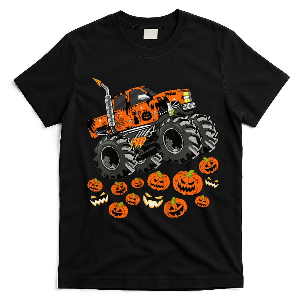 Kids Jack O Lantern Pumpkin Monster Truck Halloween Costume T-Shirt - Black