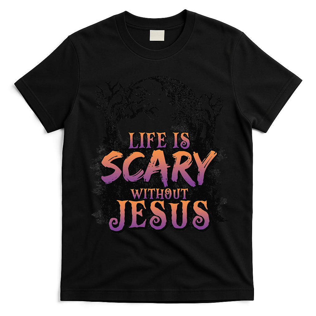 Life Is Scary Without Jesus Funny Halloween Christian T-Shirt - Black