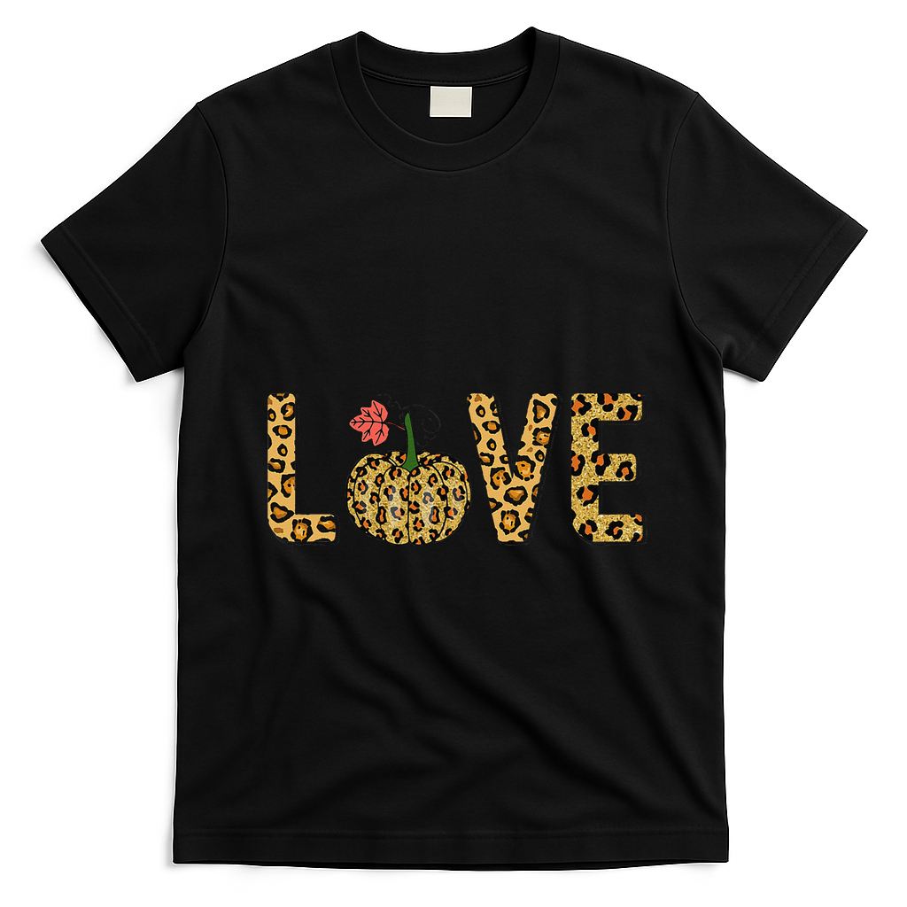 Love Leopard Pumpkin Autumn Design T-Shirt - Black