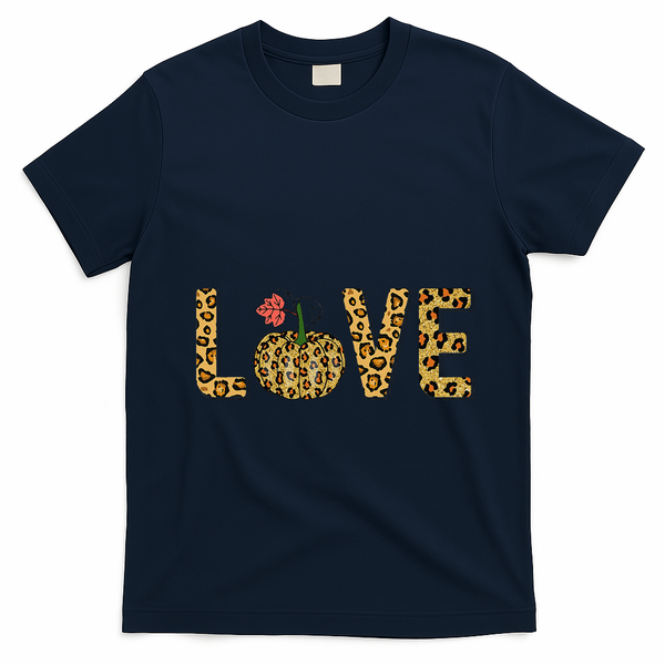 Love Leopard Pumpkin Autumn Design T-Shirt - Navy Blue