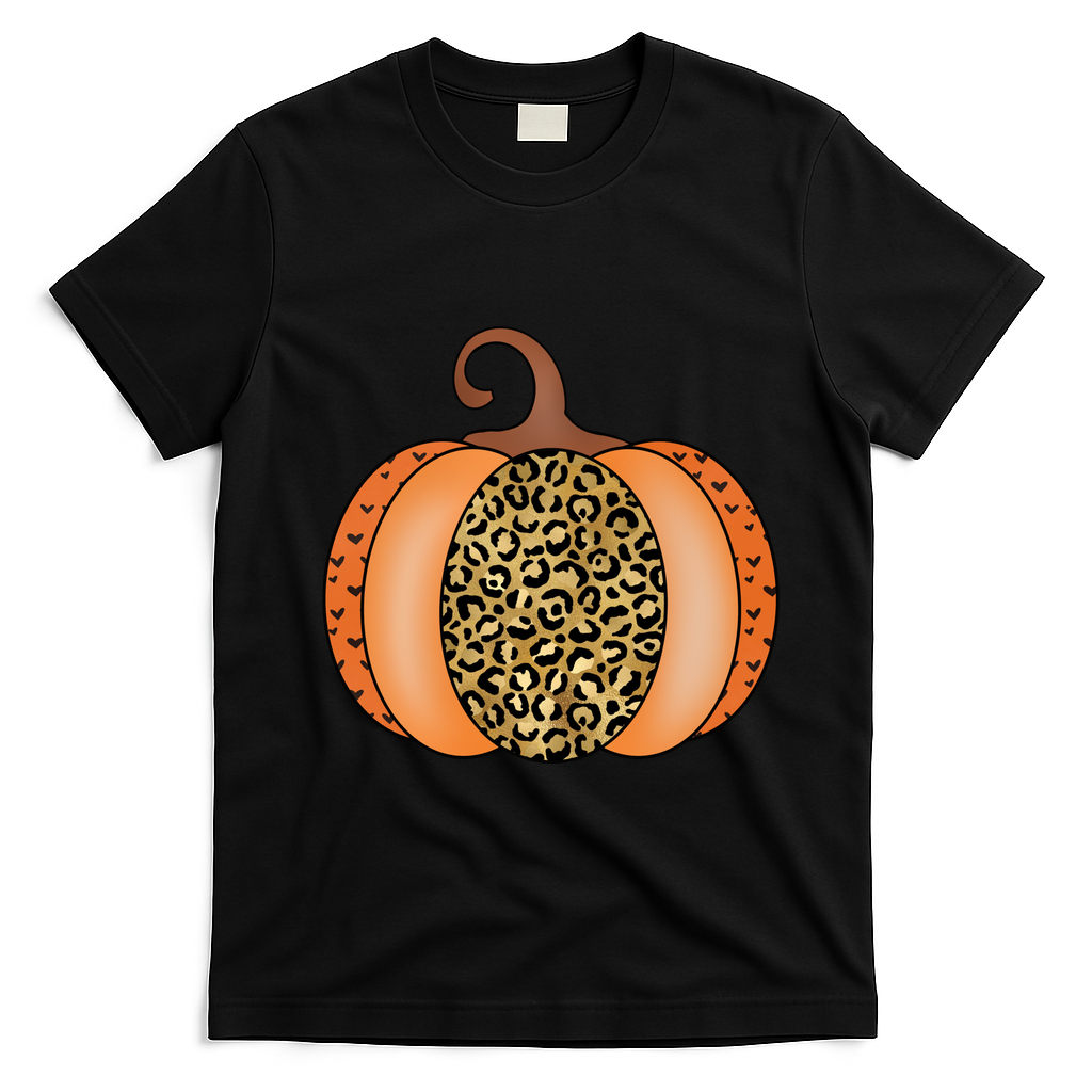 Leopard Pumpkin Fall Holiday T-Shirt - Black