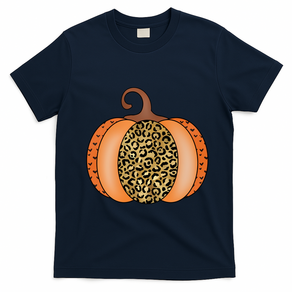 Leopard Pumpkin Fall Holiday T-Shirt - Navy Blue