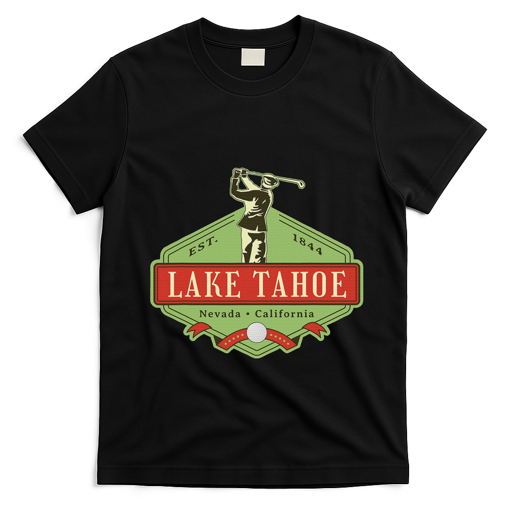 Lake Tahoe California Nevada Retro Vintage Golf Themed T-Shirt - Black