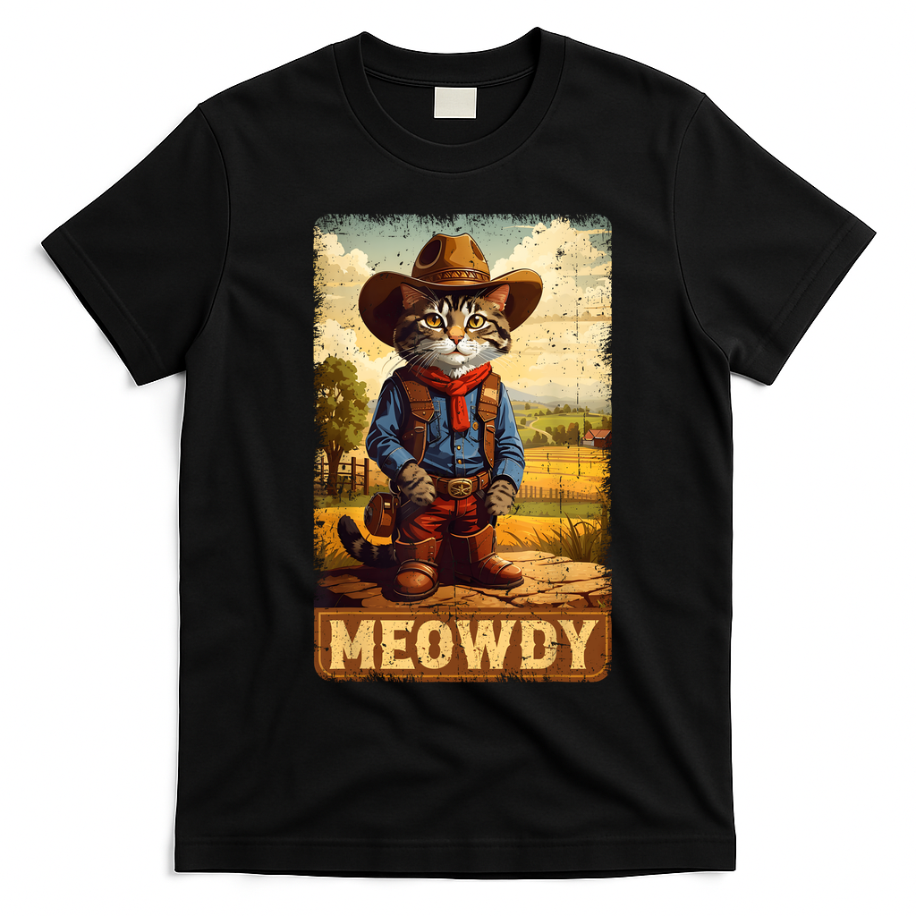 Meowdy Funny Country Side Cat Hat Vintage Cowboy Cat T-Shirt - Black