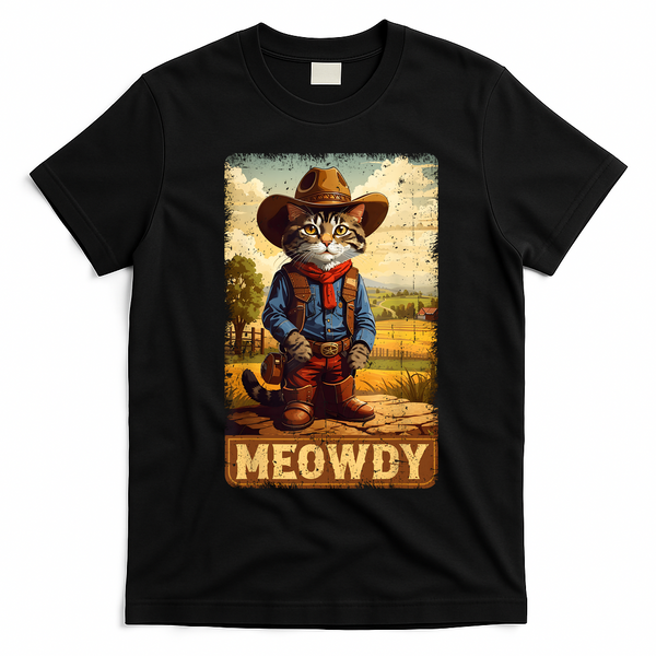 Meowdy Funny Country Side Cat Hat Vintage Cowboy Cat T-Shirt - Black