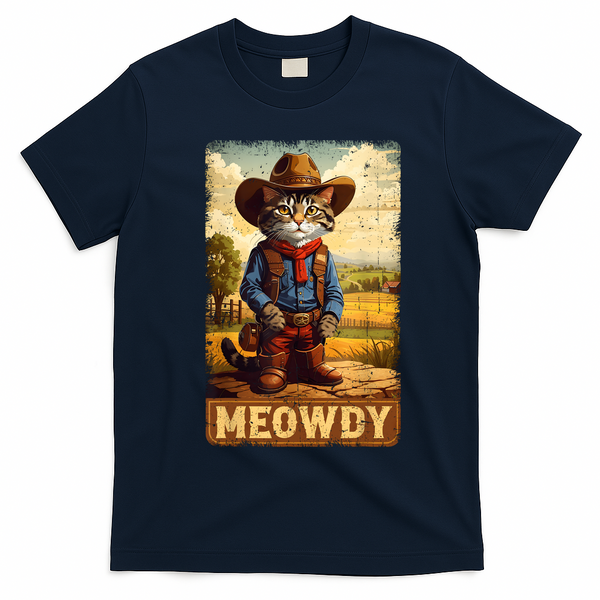 Meowdy Funny Country Side Cat Hat Vintage Cowboy Cat T-Shirt - Navy Blue